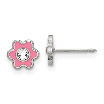 Inverness Stainless Steel Pink Enamel Crystal Flower Post Piercing Earrings