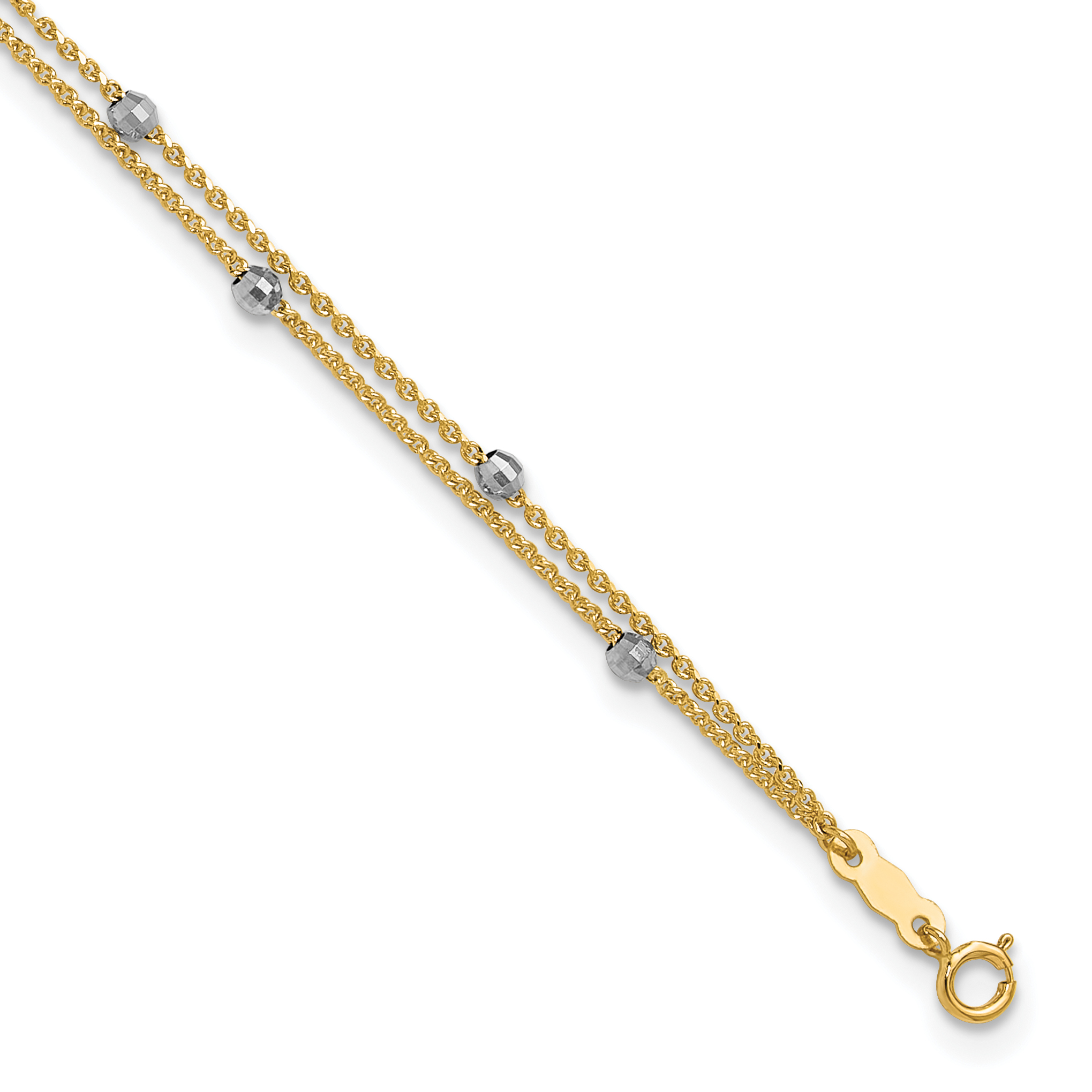 14K Two-tone 2-Strand Chain with Mirror Beads 9 inch Plus 1 inch Extender - Total 10 inch Anklet