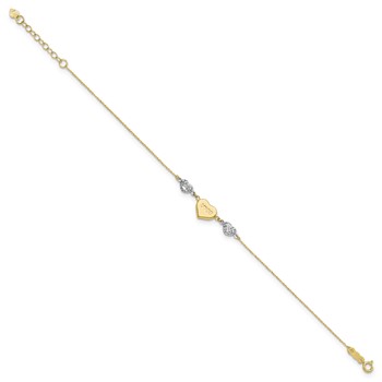 14K Two-tone Puffed LOVE Heart and Diamond-cut Beads 7 inch Bracelet Plus 1 inch Heart Dangle Extender — alternate view