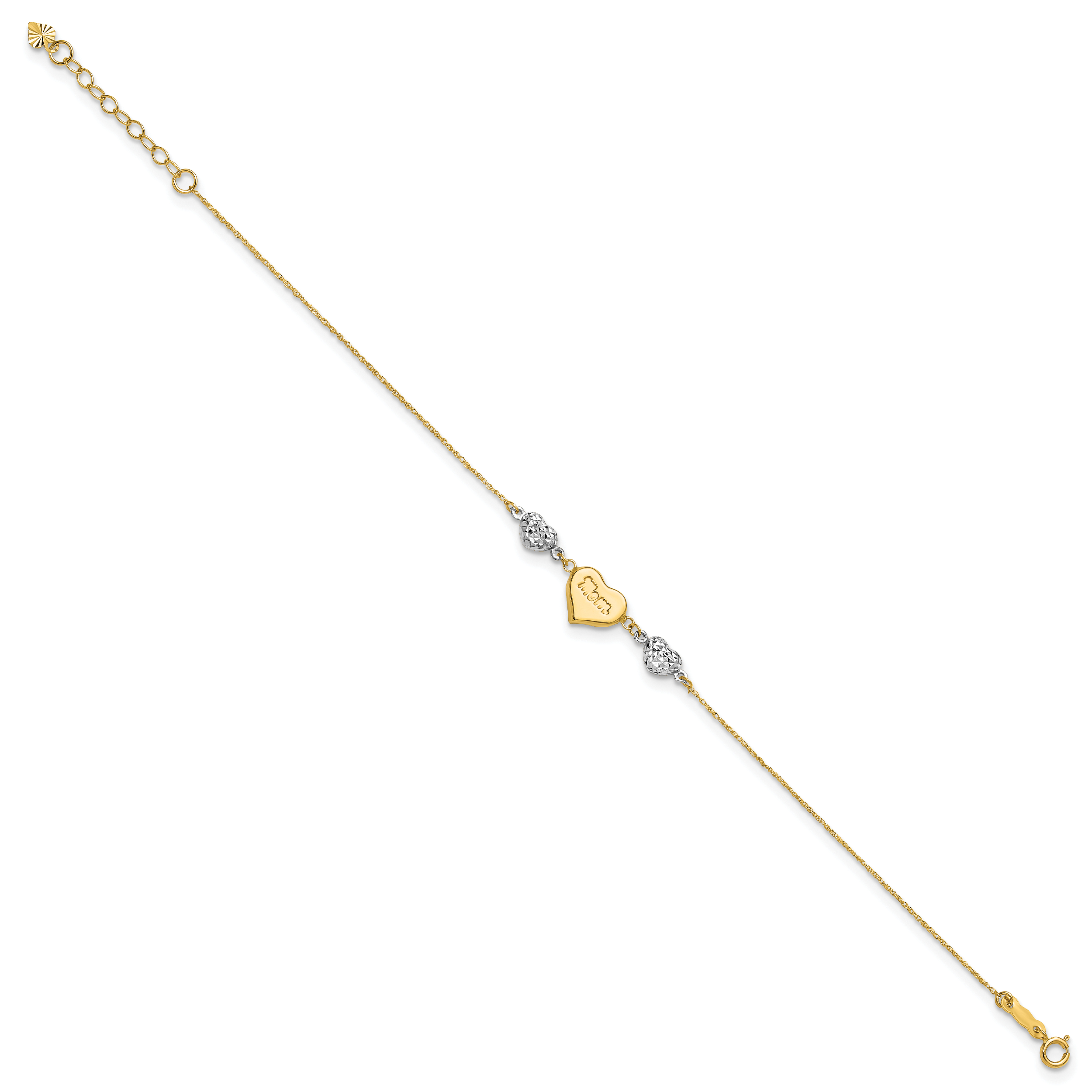 Puffed MOM Heart and Beads 7 inch Bracelet Plus 1 inch Dangle 14k Two-tone Gold detailed image 2