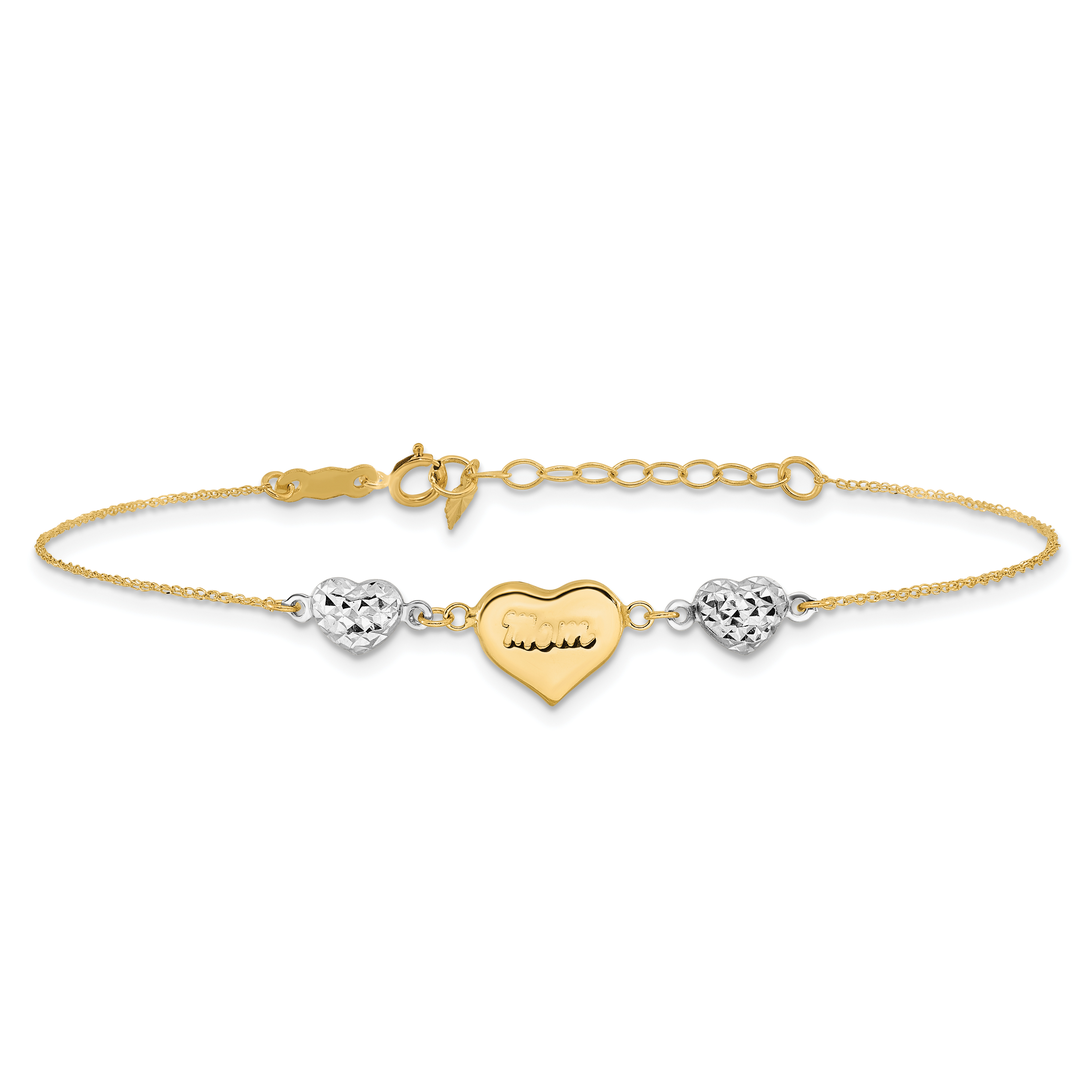 Puffed MOM Heart and Beads 7 inch Bracelet Plus 1 inch Dangle 14k Two-tone Gold detailed image 3