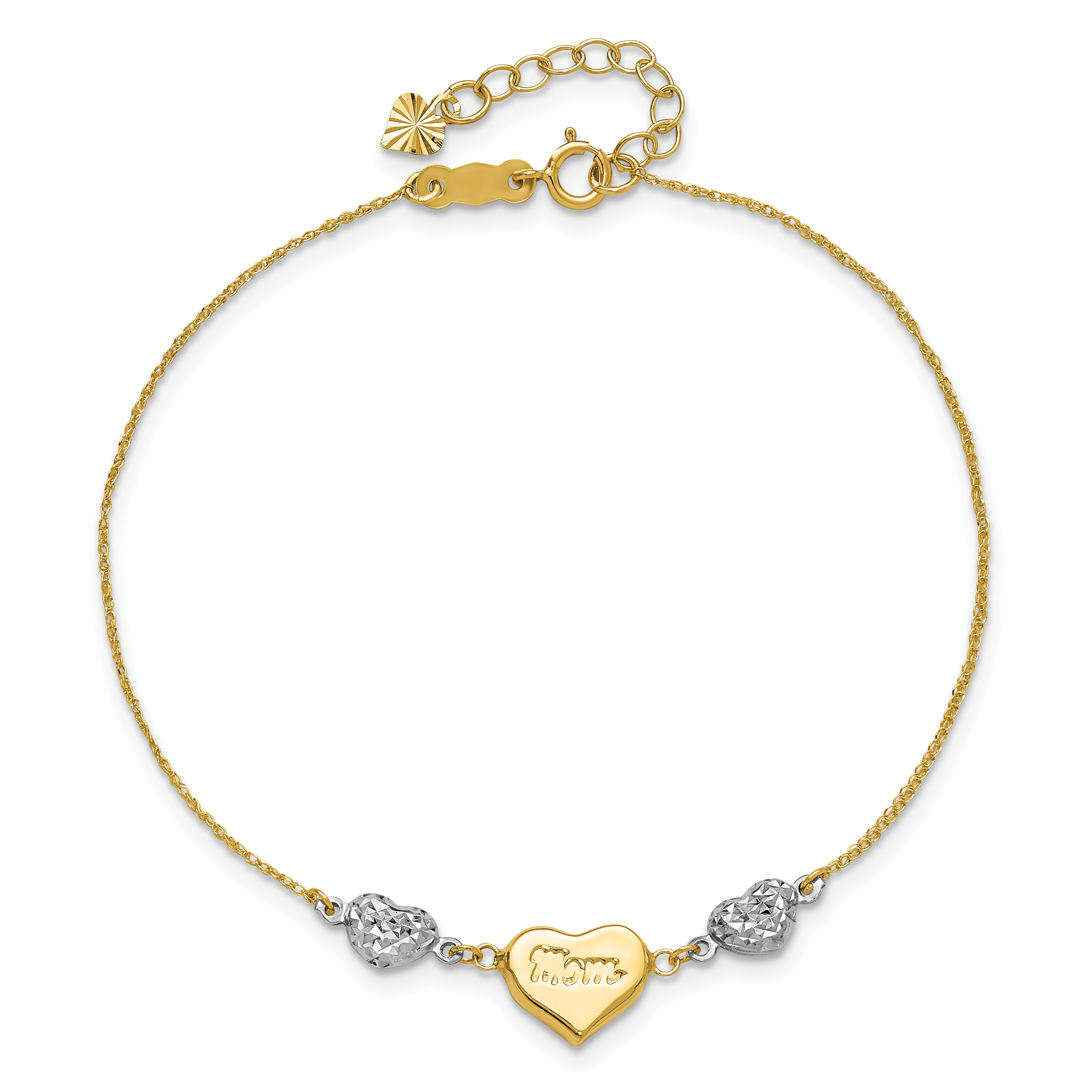 Puffed MOM Heart and Beads 7 inch Bracelet Plus 1 inch Dangle 14k Two-tone Gold detailed image 4