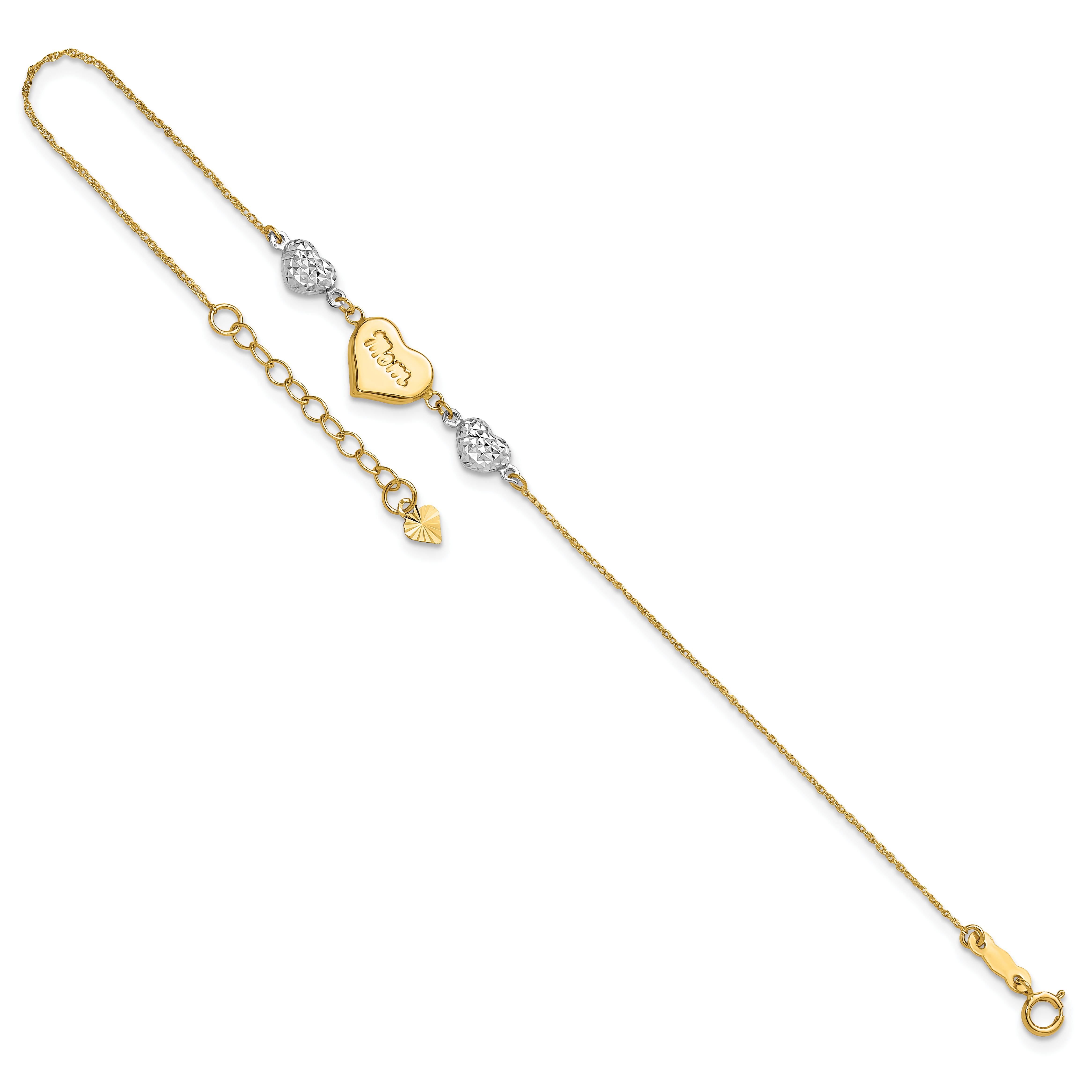 Puffed MOM Heart and Beads 7 inch Bracelet Plus 1 inch Dangle 14k Two-tone Gold detailed image 7