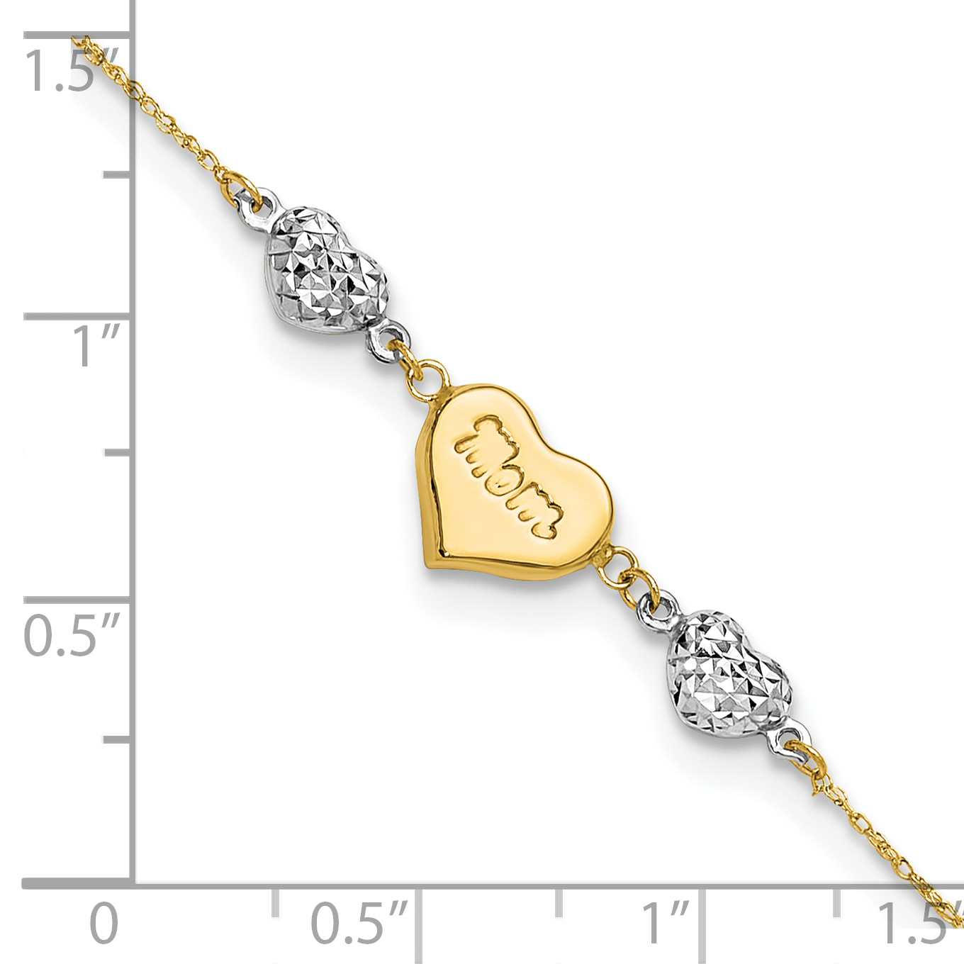 Puffed MOM Heart and Beads 7 inch Bracelet Plus 1 inch Dangle 14k Two-tone Gold detailed image 5