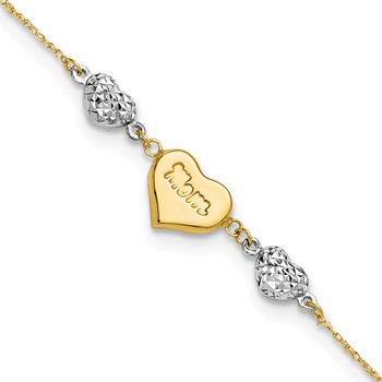 14K Two-tone Puffed MOM Heart and Diamond-cut Beads 7 inch Bracelet Plus 1 inch Heart Dangle Extender