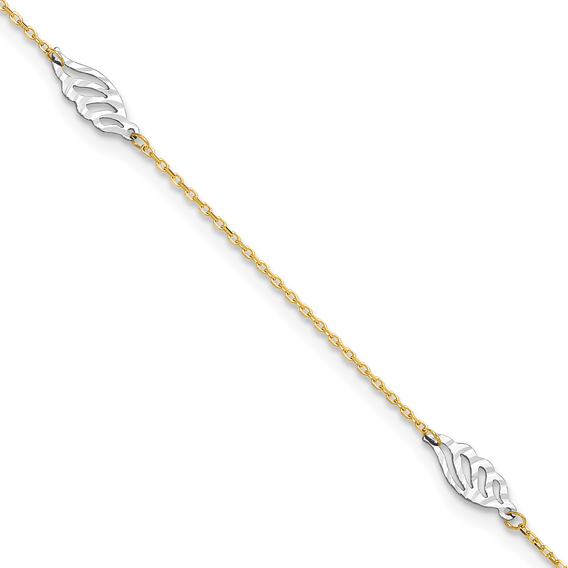 14K Two-Tone Diamond-cut Leaf 4-Station 9 inch Plus 1 inch Extender - Total 10 inch Anklet