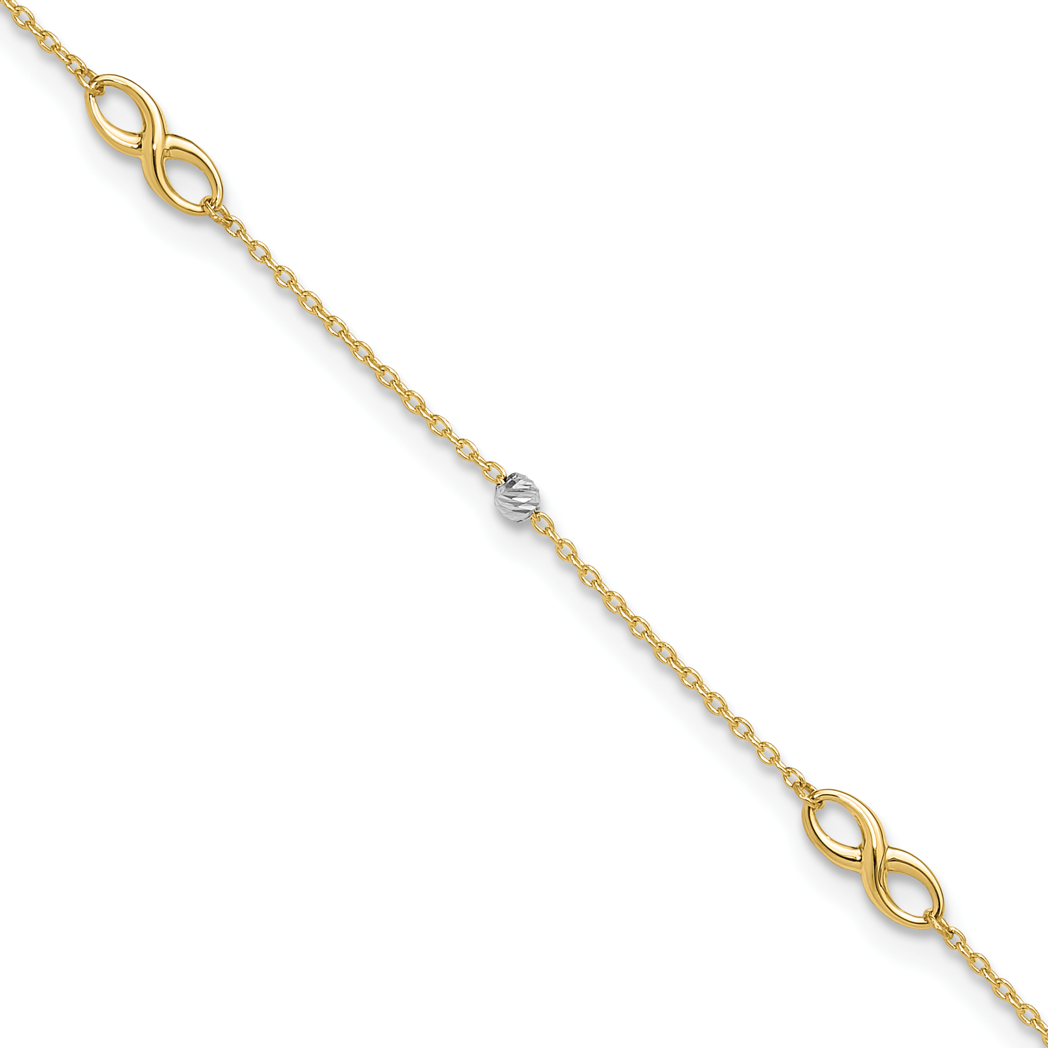 14K Two-Tone Diamond-cut Beads and Infinity 10 inch Plus 1 inch Extender - Total 11 inch Anklet