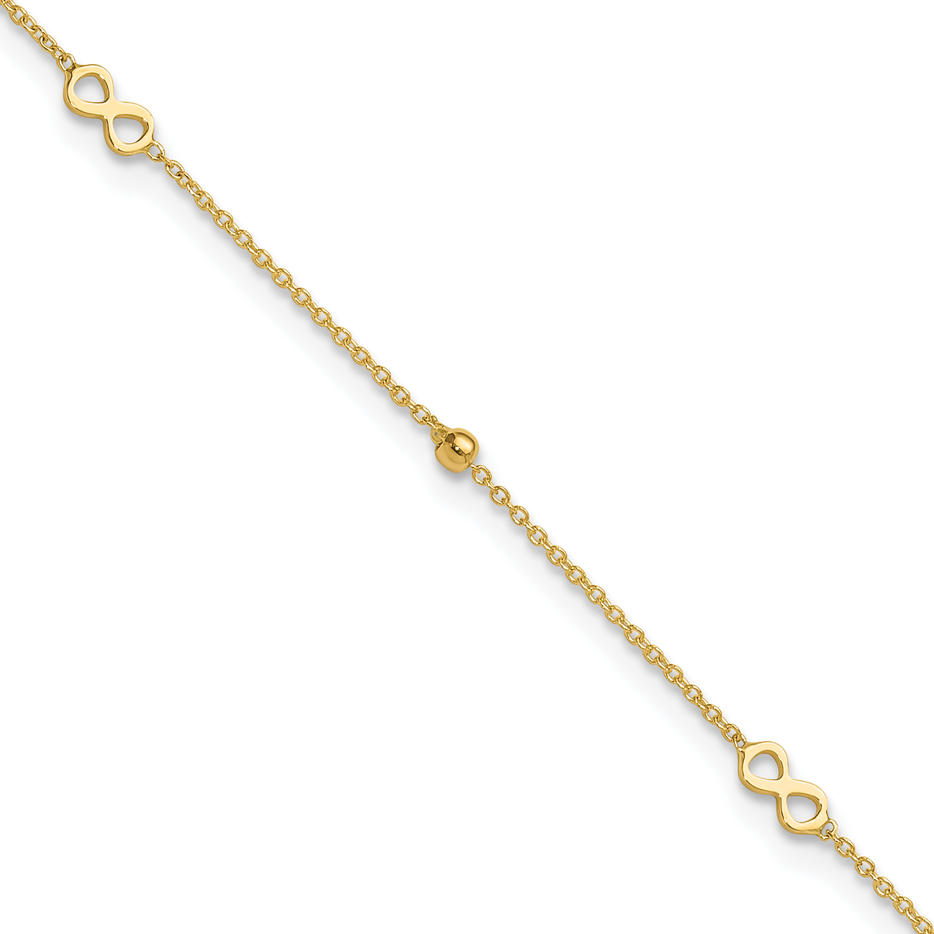 14K Polished Infinity and Beads 9 inch Plus 1 inch Extender - Total 10 inch Anklet