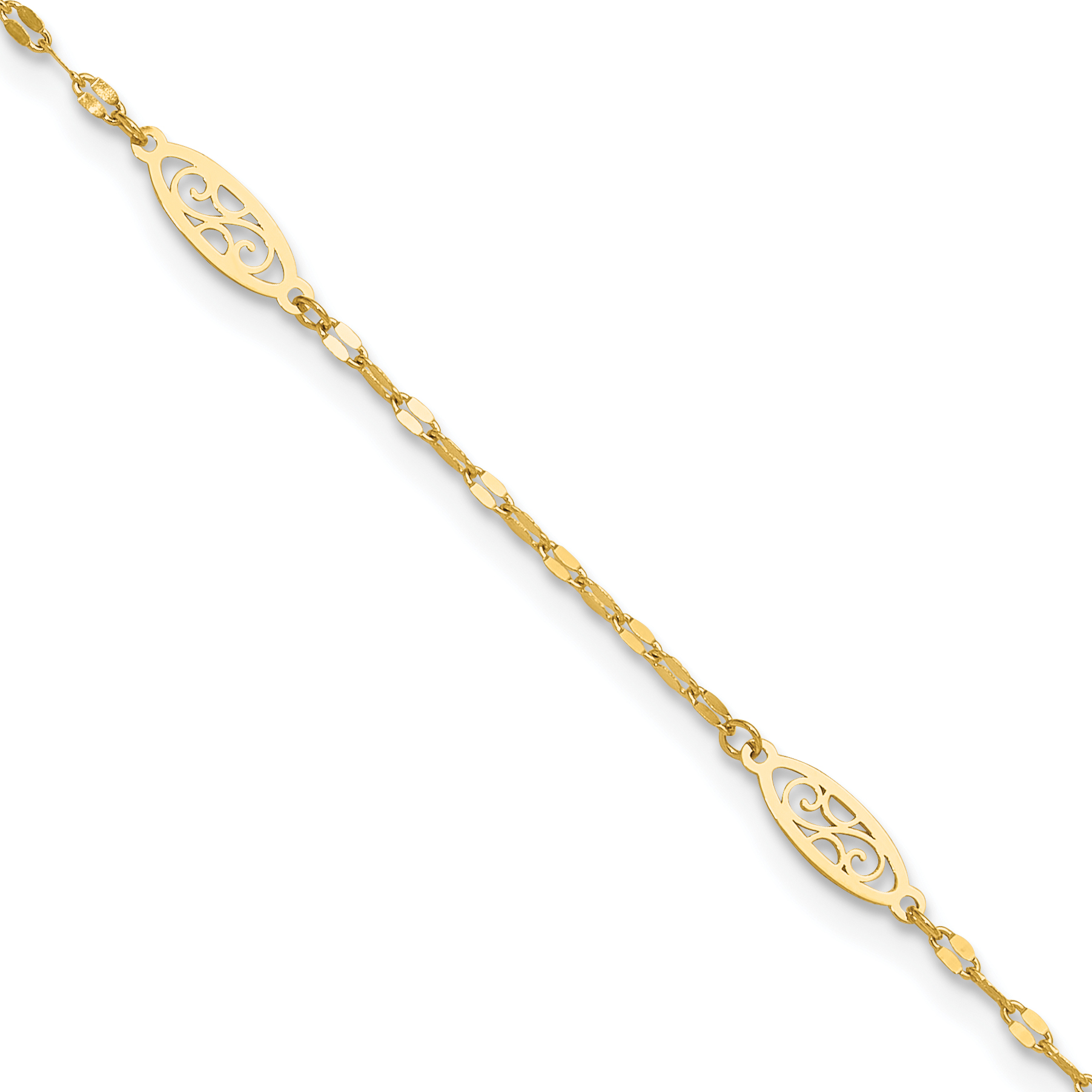 14K Fancy Filigree Link 5-Station 9 inch Plus 1 inch Extender - Total 10 inch Anklet