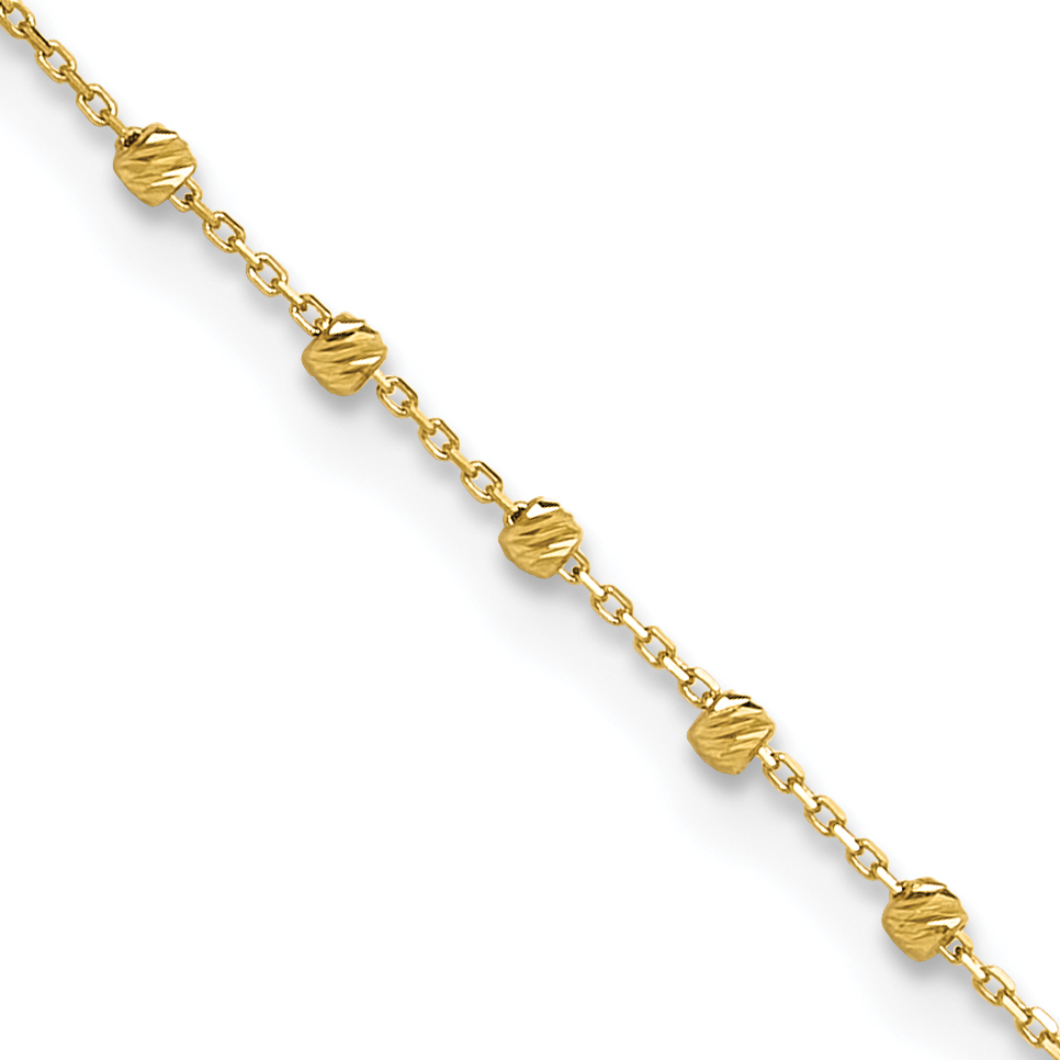 14K Diamond-cut Bead and Chain 9 inch Plus 0.75 inch Extender - Total 9.75 inch Anklet