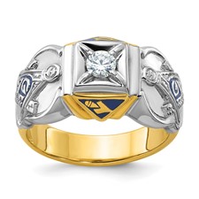 Image of IBGoodman 14k Two-tone Men's Polished and Textured with Blue Enamel and Diamond Blue Lodge Master Masonic Ring