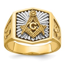 Image of IBGoodman 10k Two-tone Men's Polished and Textured Sun Ray Blue Lodge Master Masonic Ring