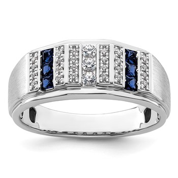 IBGoodman 14k White Gold 1/5 carat Lab Grown Diamond VS/SI+ G+ and Lab Created Blue Sapphire Complete Men's Ring