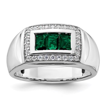 IBGoodman 14k White Gold 1/3 carat Lab Grown Diamond VS/SI+ G+ and Created Emerald Complete Men's Ring