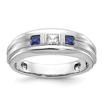 IBGoodman 14k White Gold Men's Polished Satin and Grooved Square 1/6 Carat Lab Grown Diamond and Lab Created Sapphire 3-Stone Complete Ring
