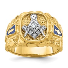 Image of IBGoodman 14k Two-tone Men's Polished and Nugget Textured Diamond Blue Lodge Master Masonic Ring