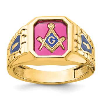 IBGoodman 14k Men's Polished and Textured with Blue Enamel and Lab Created Ruby Blue Lodge Master Masonic Ring