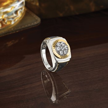 IBGoodman 10k Two-tone Men's Polished Textured and Diamond-cut Round Cluster Ring Mounting — alternate view