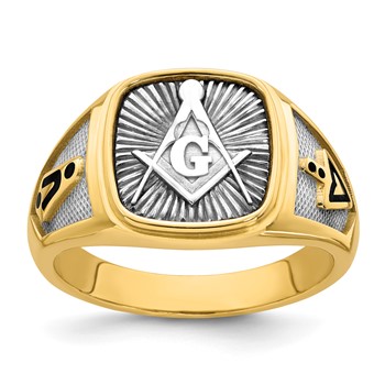14K Two-tone IBGoodman Men's Black Enamel Masonic Compass Ring