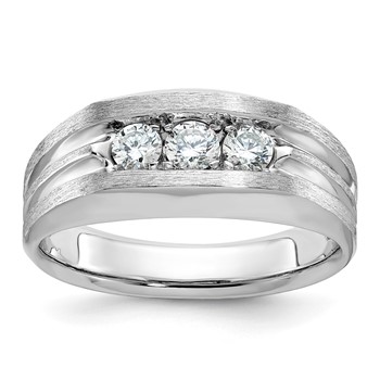 IBGoodman 14k White Gold Men's Polished Satin and Grooved 3-Stone Ring Mounting