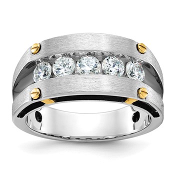 IBGoodman 10k Two-tone with Black Rhodium Men's Polished Satin and Grooved 5-Stone 1 Carat A Quality Diamond Ring