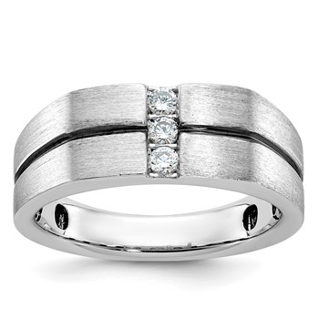 IBGoodman 14k White Gold with Black Rhodium 1/5 carat Lab Grown Diamond VS/SI+ G+ Complete Satin and Grooved Three Stone Men's Ring