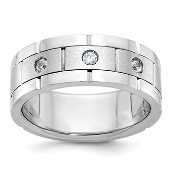 IBGoodman 14k White Gold Men's Polished Satin and Grooved 3-Stone 1/6 Carat AA Quality Diamond Ring