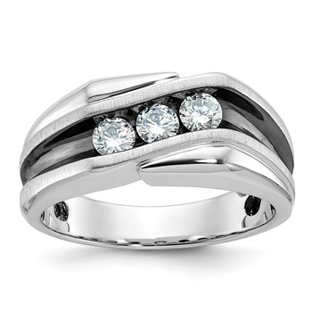 IBGoodman 14k White Gold Men's Polished Satin and Grooved 3-Stone Ring Mounting