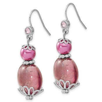 1928 Silver-tone Purple Glass Stone & Acrylic Bead Dangle Earrings — alternate view