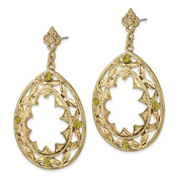 1928 Jewlry Brass-tone Filigree Green Crystal Pear Shaped Dangle Post Earrings — alternate view