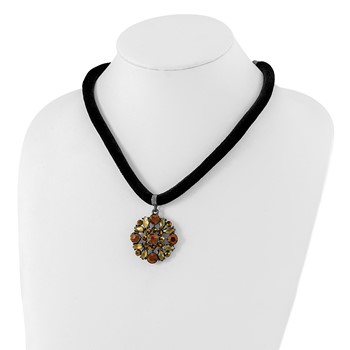 1928 Jewelry Black-plated Brown Smokey and Dark Colorado Glass & Acrylic Beads Adjustable 16 inch Black Velour Cord Necklace with 3 inch extension — alternate view