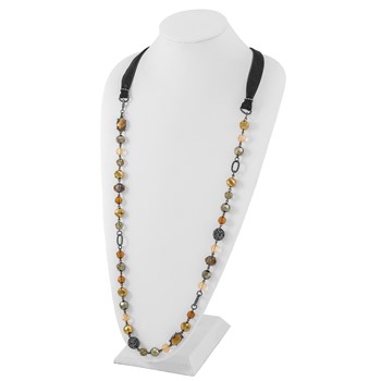 1928 Jewelry Black-plated Textured and Faceted Multicolor Glass Beads in Brown and Hematite Shades 42 inch Black Velour Cord Necklace — alternate view