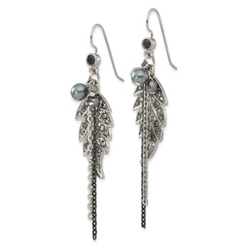 1928 Jewelry Silver-tone and Black-plated Leaf Pattern Jet Black and Hematite Crystal and Glass Beads Dangle Earrings — alternate view