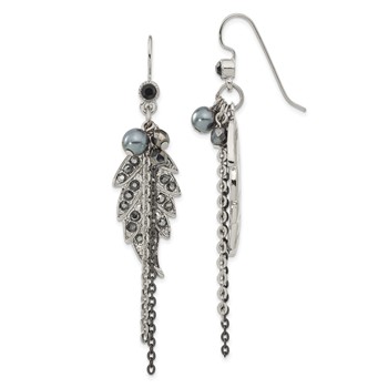 1928 Jewelry Silver-tone and Black-plated Leaf Pattern Jet Black and Hematite Crystal and Glass Beads Dangle Earrings