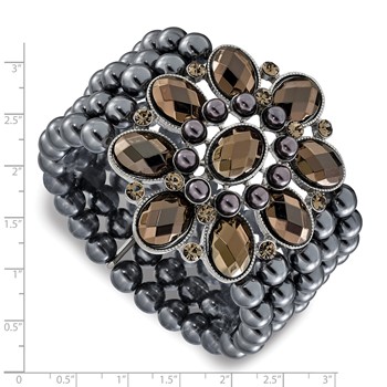 1928 Jewelry Wide Black-plated Floral Frame with Jet Black and Hematite Faceted Acrylic Beads and Round Black Smooth Bead Five Row Stretch Bracelet — alternate view