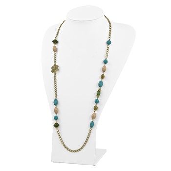 1928 Jewelry Gold-tone Link Filigree Floral and Pattern Bead with Teal Green and Cream Acrylic Beads 38 inch Necklace — alternate view