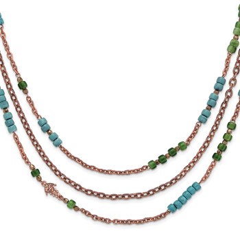 1928 Copper-tone Green, Teal Blue & Brown Acrylic Beads 42in Necklace
