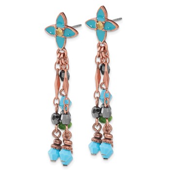 1928 Jewelry Copper-tone Link Teal Enamel Flower and Teal Green and Brown Acrylic Beads Dangle Post Earrings — alternate view