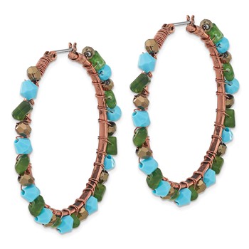 1928 Jewelry Copper-tone Green Teal and Brown Faceted Acrylic Bead Hoop Earrings — alternate view
