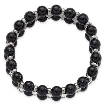 1928 Jewelry Silver-tone and Black Beads with Clear Glass Stones Stretch Bracelet — alternate view