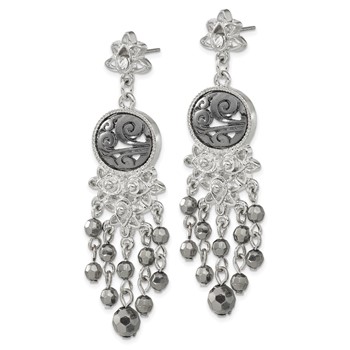 1928 Jewelry Silver-tone & Black-plated Filigree Clear and Hematite Faceted Acrylic Beads Long Dangle Post Earrings — alternate view