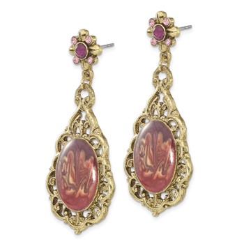 1928 Jewelry Brass-tone Filigree Frame Purple Crystal Oval Purple Enamel Teardrop Dangle Post Earrings — alternate view