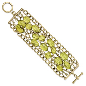 1928 Jewelry Brass-tone Link and Olive Green Faceted Acrylic Beads Wide Six Row 8 inch Toggle Bracelet — alternate view