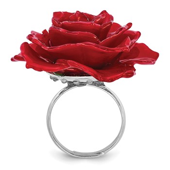 Lacquer Dipped Red Real Rose Adjustable Silver-tone Ring — alternate view