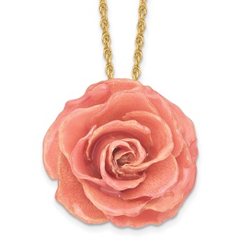 Lacquer Dipped Pink Real Rose with 20 inch Gold-tone Necklace