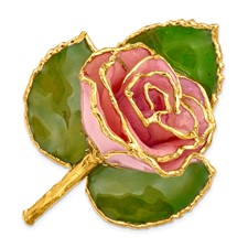 Image of 24k Gold-trim Lacquer Dipped Pink Rose on Leaf Pin/Boutonniere