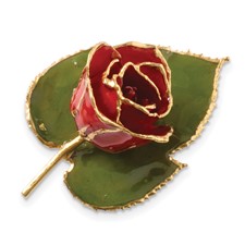 Image of 24k Gold-trim Lacquer Dipped Red Rose on Leaf Pin/Boutonniere