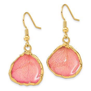 24k Gold-trim Lacquer Dipped Pink Real Rose Petal Gold-tone Dangle Wire Earrings — alternate view
