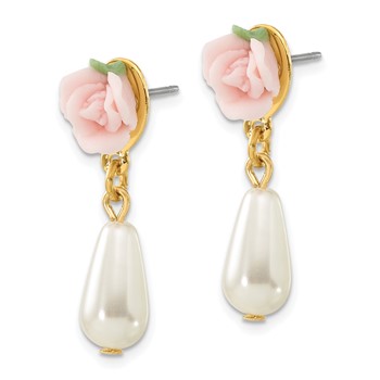 1928 Gold-tone Porcelain Rose and Simulated Pearl Post Dangle Earrings — alternate view