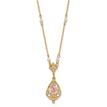 1928 Jewelry Gold-tone Imitation Pearl Pink Porcelain Rose and Clear Crystal Filigree Teardrop 17 inch Necklace — alternate view